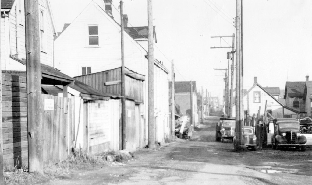 View of Hogan's Alley, Vancouver, April 1958 - the lane between Union and Prior Streets