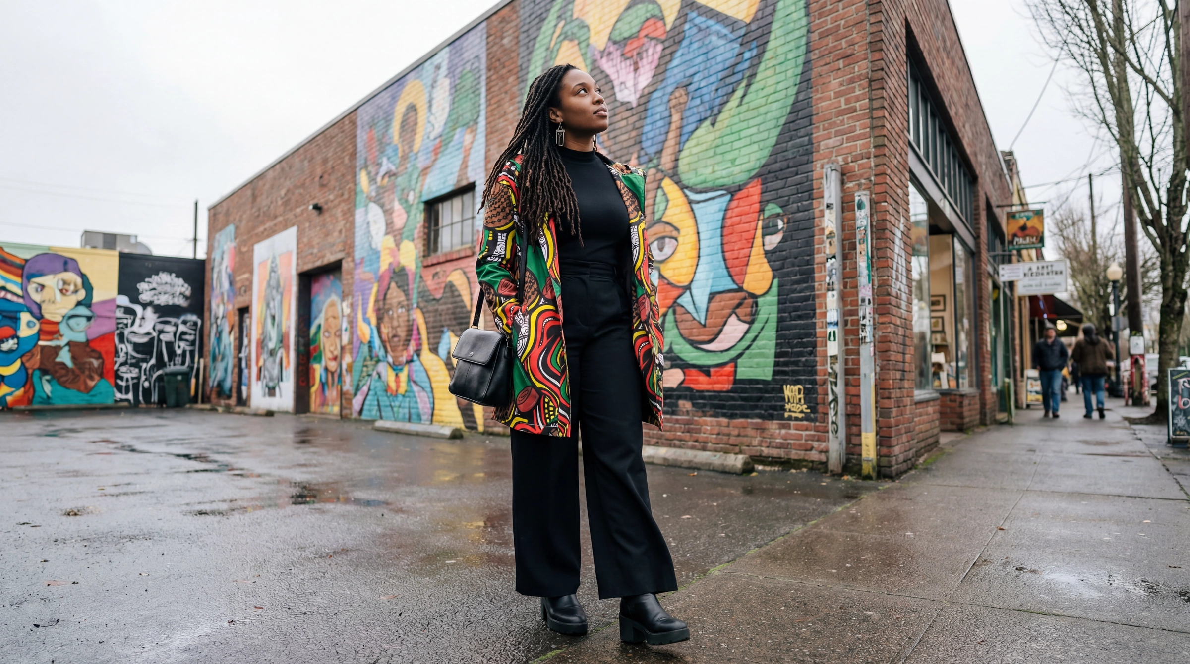 Model walking through Portland Alberta Arts District wearing Libation jacket