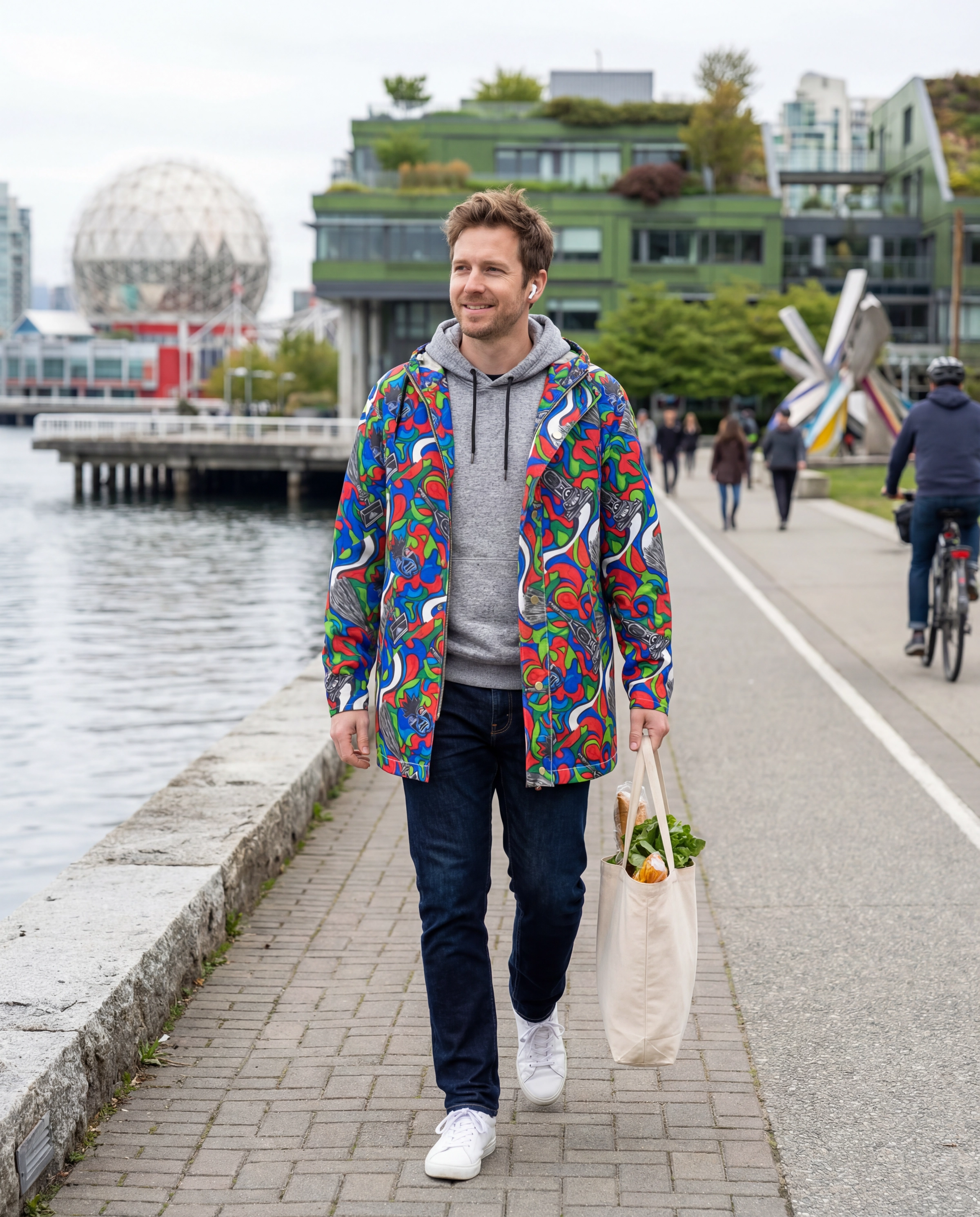 Model at Vancouver Olympic Village wearing Sanitation jacket