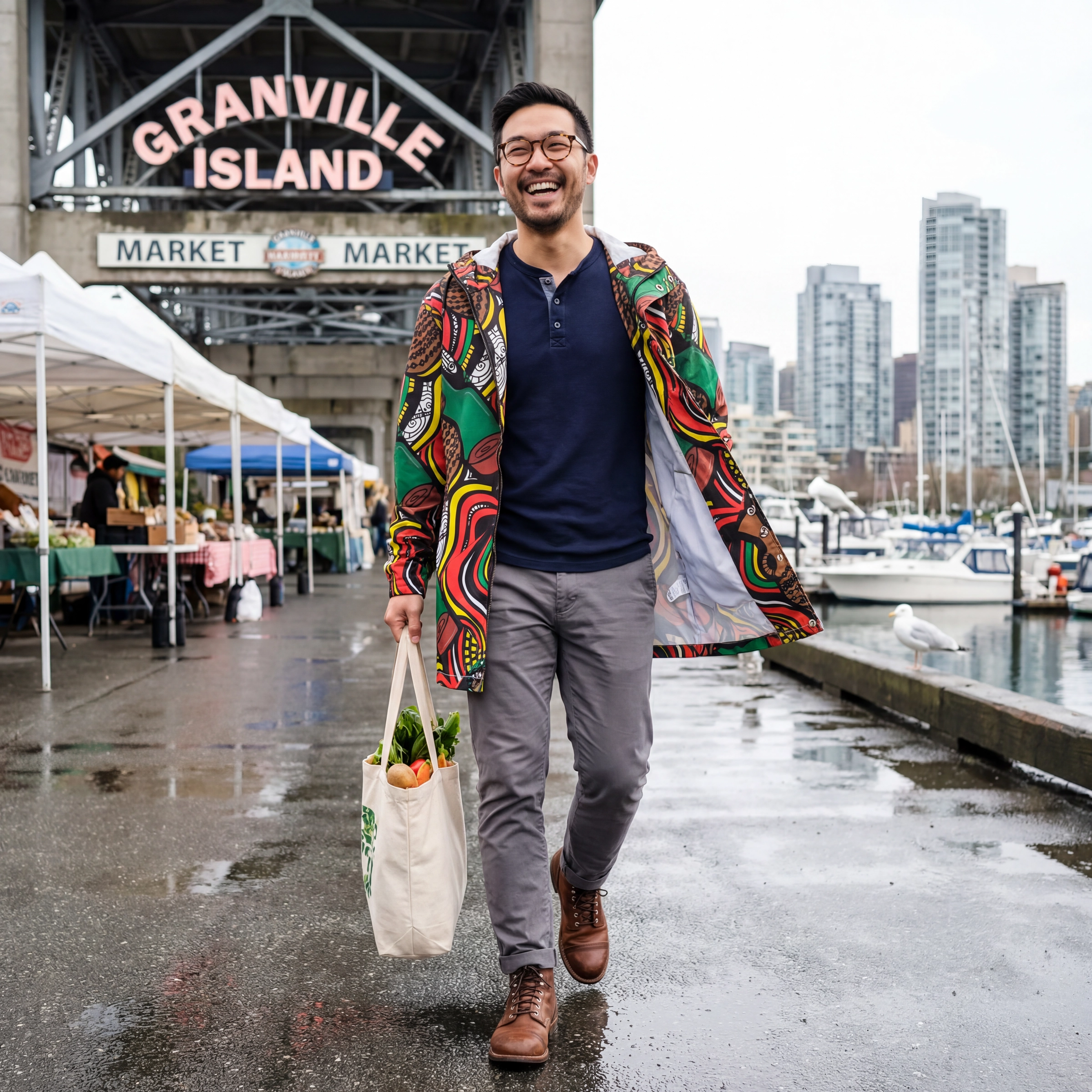 Model at Granville Island Vancouver wearing Libation jacket